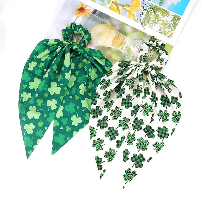 St.Patrick's Day Hair Ties for Woman Girls Green Shamrock Ribbon Hair Scrunchies Elastic Irish Lucky Leaf Hair Tie St.Patricks Party Supplies Hair Accessories 2PCS