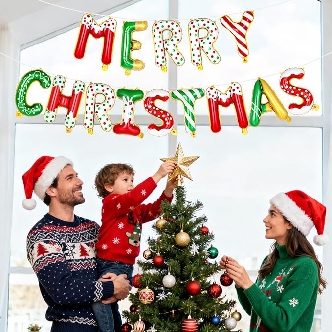 Merry Christmas Letter Balloons Banner, Merry Christmas Foil Xmas Balloon for Xmas Party Decorations (Candy Color)