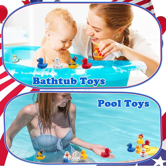 4th of July Rubber Ducks for Jeeps Ducking 24PCS Bulk Fourth of July Party Favors for Kids Bath Toys Pool Floater Patriotic Blue White Red Ducks Independence Day Gifts Boys Girls Baby Showers Favors
