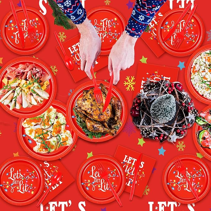 Baderke 195 Pcs Christmas Party Supplies Let's Get Lit Disposable Tableware Set Red Christmas Plates Tablecloth Banner Napkins Cups Forks Knife Spoon Friendsmas Xmas Holiday Decorations for 24 Guests