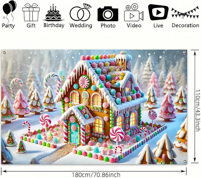 Christmas Gingerbread House Banner Candy Land Holiday Decor Colorful Sweet Winter Wonderland Backdrop for Party Wall Decoration Kids Home Photo Booth Display 71 X 43 Inches