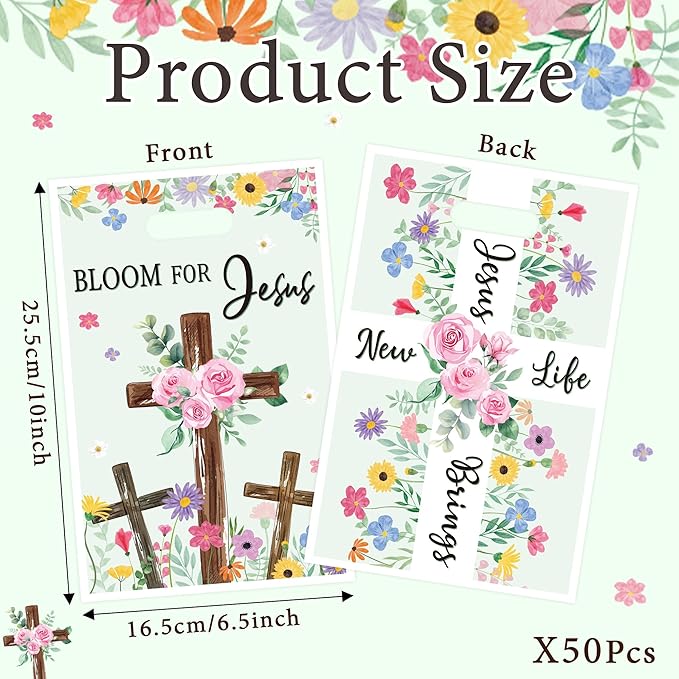 Spring Religious Party Favor Bag - 50Pcs Christian Cross Bible Floral Goodie Candy Treat Gift Bags Spring Flower Religious Party Supplies for Birthday Valentine's Day Easter Sunday School Church Gift