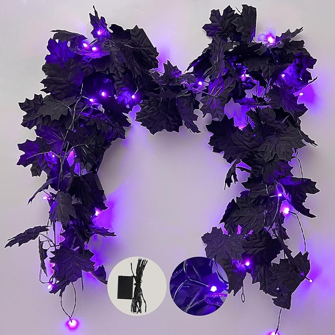 RECUTMS Artificial Maple Leaves with Lights 5.7Ft Fall Hanging 30 Bulbs The Leaf Black for Garland Outdoor Indoor