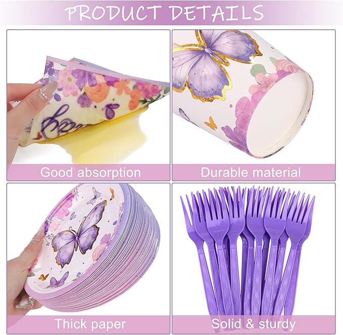 Kochorie 144 Pieces Butterfly Birthday Party Supplies Including Disposable Paper Plates Napkins Cups Forks Serves 24 for Baby Shower Girls Animal Butterfly-themed Party Decorations