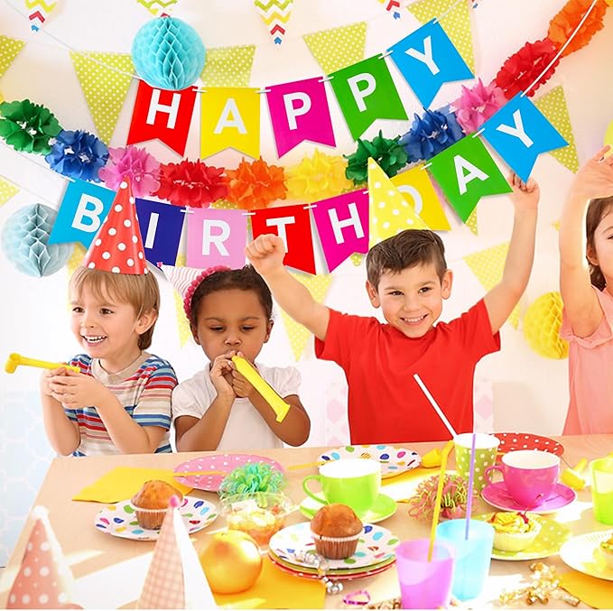 Rainbow Happy Birthday Banner - Hanging Backdrop Sign with White Letters, Bunting Rainbow Birthday Decorations for Women men Kids Baby Shower Party Supplies (13pcs)