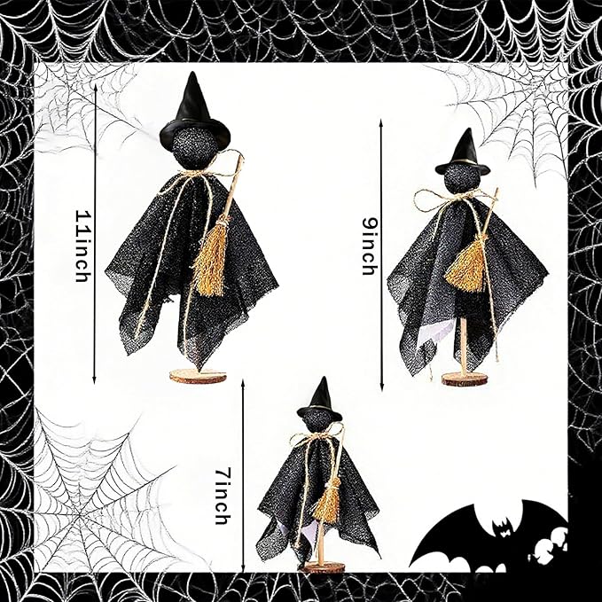 Halloween Decorations Indoor - 3 Set Primitive Halloween Wtich with Hat, Wooden Stand Witch Decor for Table Centerpieces, Mantels, Shelves, Vintage Spooky & Festive Party Decor