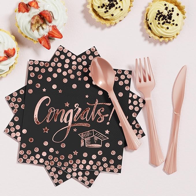 Ecomore 2026 Graduation Decorations - 245 PCS Grad Disposable Dinnerware(Serve 25) & Graduation Party Supplies With Congrats Paper Plate Cup Napkin Tablecloth Backdrop Balloon - Black Pink Rose Gold