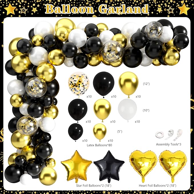 Retirement Party Decorations for Men Women 109Pcs Black Gold Happy Retirement Set Retired Banner Backdrop Balloons Sash Swirls Pompoms Tablecloth Honeycomb - Indoor Outdoor Reusable