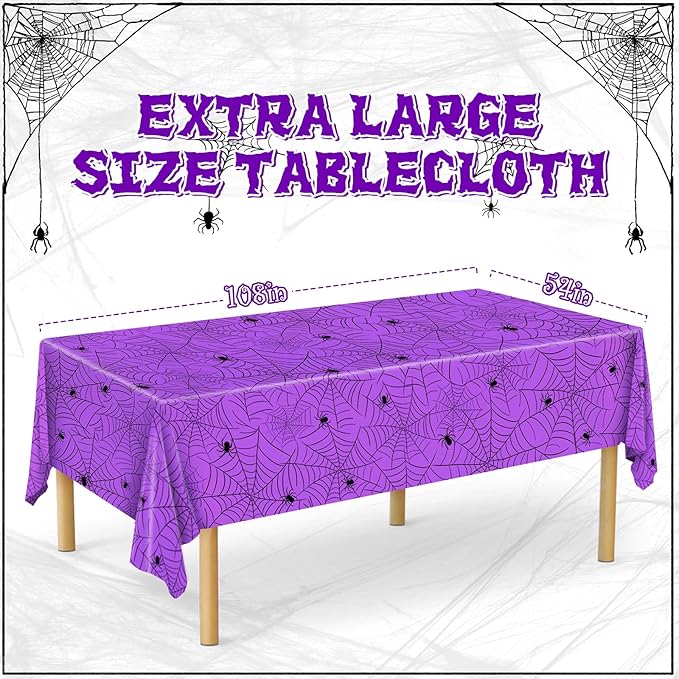 3Pcs Halloween Tablecloth - Spider Web Table Cloth, Plastic Disposable for Party Decorations 54" x 108" (Purple)