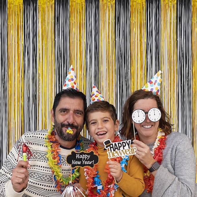 Melsan Black and Gold Fringe Curtain Photo Streamers Backdrop 3.2ft X 8ft for New Years EVE, Graduation, Retirement and Birthday Party Decorations - Pack of 2