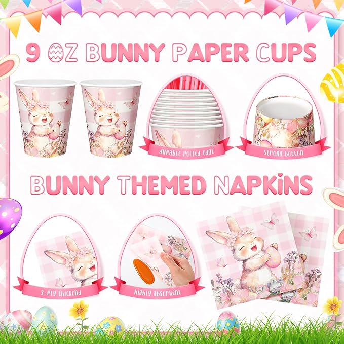 Honeydak 210 Pcs Pink Bunny Party Supplies for 30 Guests, Includes Spring Rabbit Plates, Cups, Napkins, Cutlery - Cute Pink Bunny Tableware Decoration for Baby Shower Easter Party