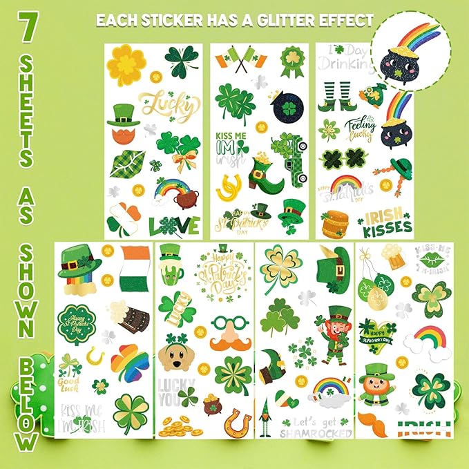 Xzentira 91pcs St. Patrick's Day Glitter Temporary Tattoos, Shamrock Face Tattoos Clover Body Stickers for Irish Party Favors, Lucky Saint Patricks Day Accessories for Parades & Holiday Decorations