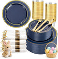 350PCS Navy Blue and Gold Plastic Plates with Rolled Napkins Include Dinner Plate 10’’, Dessert Plate 7’’, gold Cups 9 OZ, Pre Rolled Napkins for Passover/Birthday/Wedding/Easter