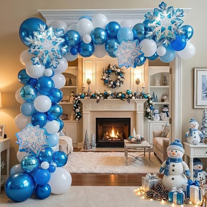 Winter Wonderland Balloon Garland arch kit 120Pcs large Snowflake Chrome Blue white Balloons For Snow Queen Princess Boy Birthday Party Baby its cold outside baby shower decorations