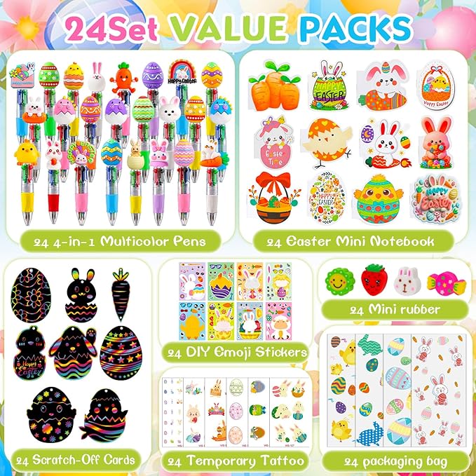 24 Pack Easter Party Favors Classroom Gifts Set with Classic Spring Designs for Teens, Easter Goodie Bags with Notebooks Pens Stickers Tattoos Scratch Art for Classroom Gifts Basket Stuffers