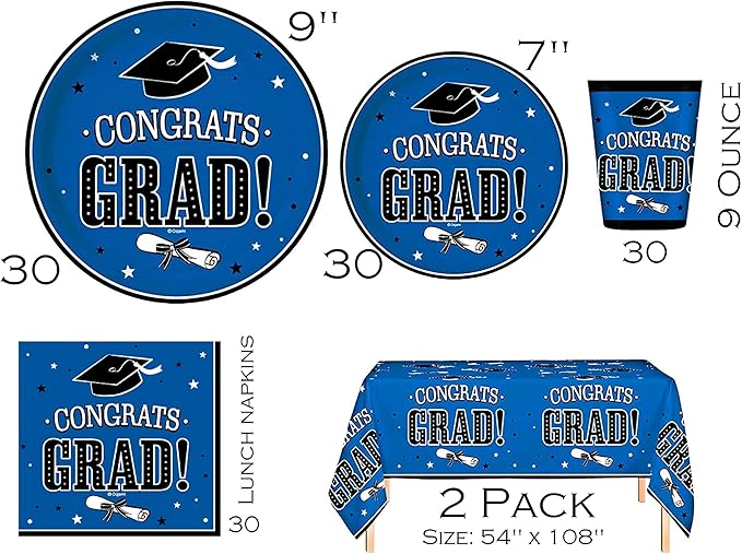 Serves 30 Ultimate Party Pack Congrats Grad Blue Party Supplies Dinner & Dessert Plates Cups Napkins 2 Table cloth 20 Photo Props 12 Swirls 30 Balloons Props 1 Banner 2 Grad Card Holder Box Blue
