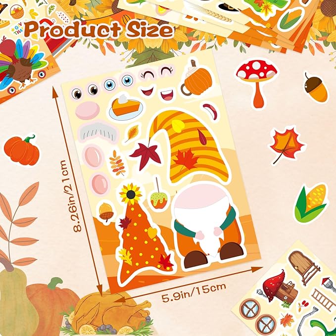 24 PCS Thanksgiving Stickers, Make a Turkey Face Stickers for Kids, Make Your Own Sticker Thanksgiving Party Favors Supplies, Fall Autumn Harvest Pumpkin Sticker