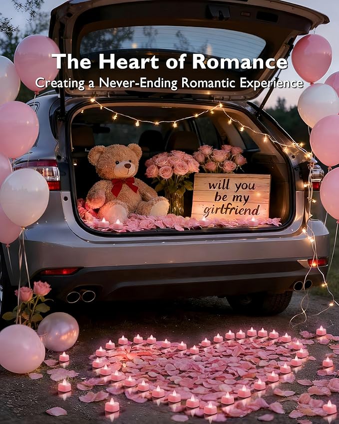Amagic 2000 Pieces Pink Artificial Rose Petals with 24 Pink Heart LED Tea Lights, Rose Petals and Candles Set for Proposal, Anniversary, Romantic Night, Wedding Decor