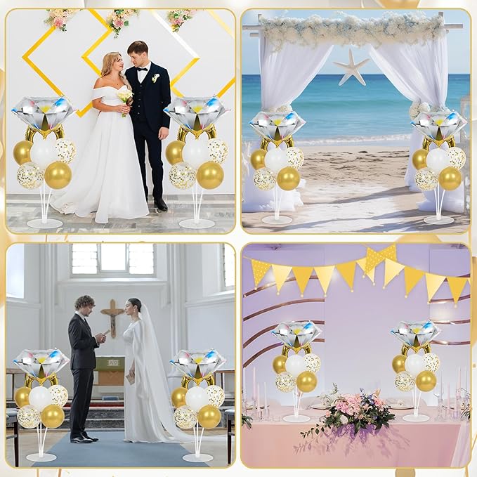 Engagement Party Balloons Stand Kit 2 Sets With 2 Diamond Ring Foil Balloons White Gold Confetti Balloon Centerpiece for Tables for Wedding Bridal Shower Marriage Bachelorette Party Decorations