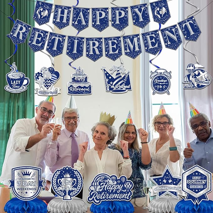 12Pcs Retirement Party Decorations for Men Women Blue Silver Happy Retirement Banner Honeycomb Centerpiece Swirls Party Supplies Retired Farewell Party Set Work Graduation Party Decorations