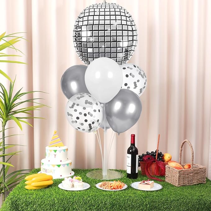 4 Sets Prom Silver Disco Ball Party Balloons Stand Kit with 4 Metallic Ball Foil Balloons Disco Themed Balloon 70s 80s 90s Dance Party Balloon Centerpiece for Tables Birthday Baby Shower Decorations