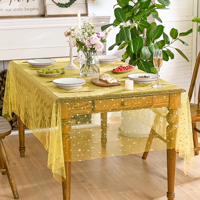 Horaldaily Yellow Gold Sparkling Star Gauze Tablecloth 60x84 Inch Rectangular, Golden Star Sequin Glitter Metallic Foil, Sheer Tulle Cheesecloth for Wedding Baby Shower Party
