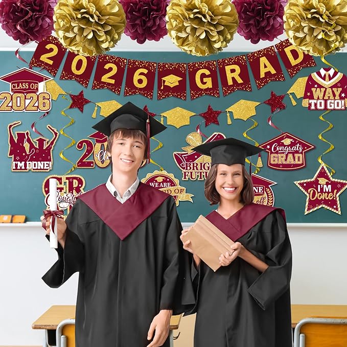 Maroon Graduation Decorations 2026, 2026 Grad Banner and Congrats Grad Hanging Swirls, Maroon and Gold Graduation Banner Graduations Hanging Swirls College Graduations Party Decorations Class of 2026