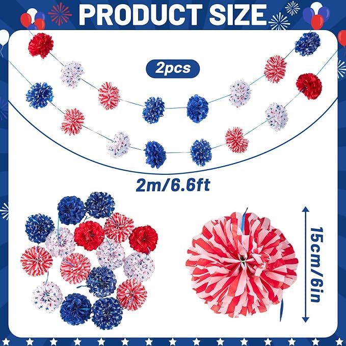 Homarkable Blue Red Tissue Paper Pom Pom Garlands, Tissue Flower Garland for Birthday Decorations, Baby Shower, Spring Summer Party Decorations