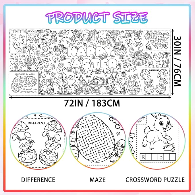 Easter Giant Coloring Poster for Kids,30x72 Inch Happy Easter Crafts Drawing Paper Coloring Tablecloth DIY Art Crafts for Kids Party Bunny Egg Themed Activity Home Classroom Party Suppiles