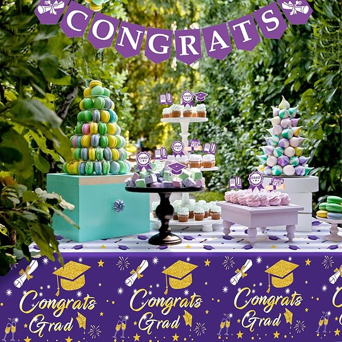Graduation Tablecloth Party Decorations 2026, 3 Pack Purple Large Size 54"x108" Congrats Grad Disposable Rectangle Table Covers Plastic Table Cloth for College High School Class of 2026 Party Supplies