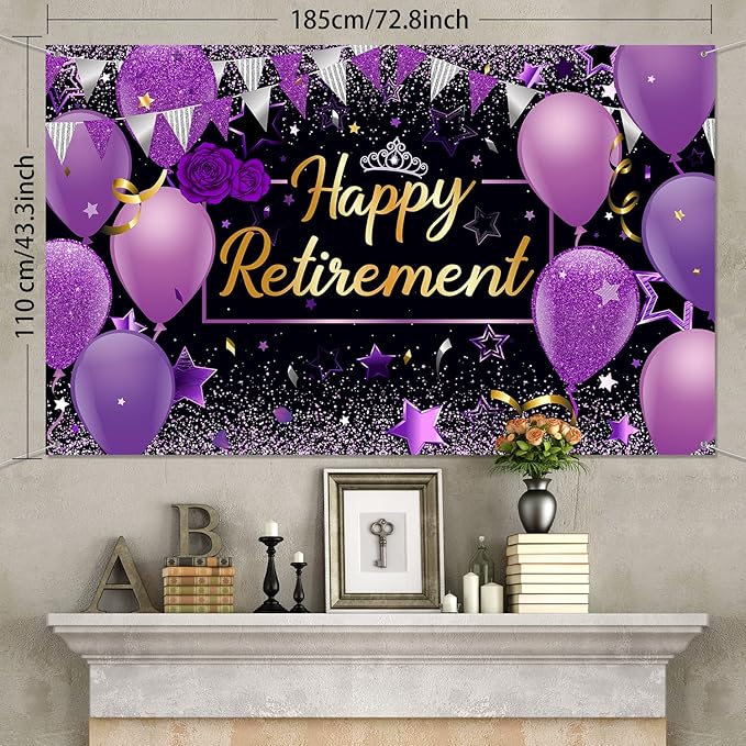 Blulu Retirement Party Decorations, Extra Large Fabric Retire Sign Banner Photo Booth Backdrop Background with Rope for Retirement Party Favor(72.8 x 43.3 Inches,Purple and Black)