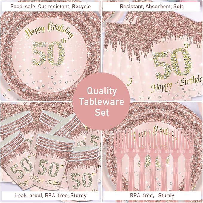 121Pcs 50th Birthday Party Supplies Plates Napkins Cups Forks Tablecloth Rose Gold Happy 50th Birthday Themed Disposable Tableware Decorations Serves 24 Guests for Women Ladies 50 Years Old Birthday