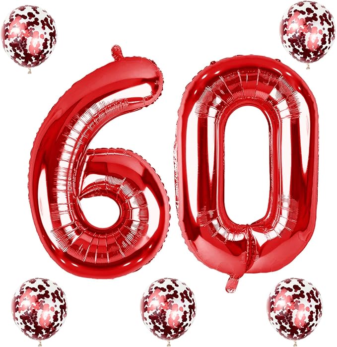 Red 60 Balloon Numbers and Confetti Balloons, 40" Number 6 and 0 Mylar Foil Balloons Self Inflating, 60th Birthday Balloons Set for Men Women Birthday 6th Anniversary Party Decorations Supplies