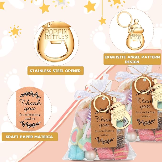CHENGU Popping Bottle Openers Baby Shower Return Favors for Guests Bottle Opener Decorations and Souvenirs with Organza Bags Thank You Tags for Theme Party Favors (Keychain Style,151 Pieces)