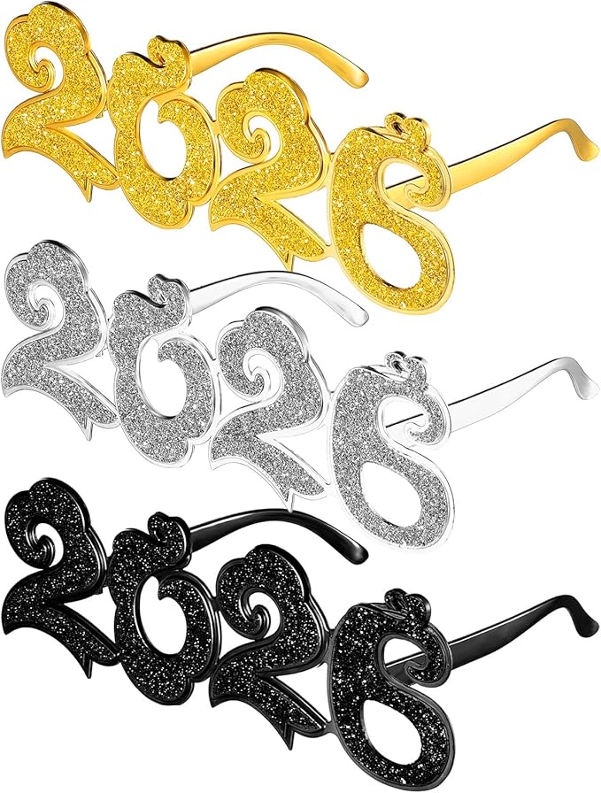 Kanayu 3 Pcs 2026 New Years Party Supplies Glasses New Years Eve Glasses Props for Women Men, Gold, Silver, Black(Cloud Style)