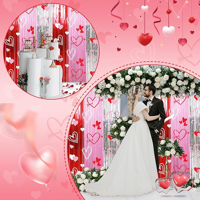 Foil Fringe Curtains Backdrop Valentines Party Decorations, 2 Pack 3.3 x 6.6 FT Red Pink Silver Tinsel Valentines Day Backdrop, Valentine Photo Backdrops Galentines Day Decor Wedding Party Decor