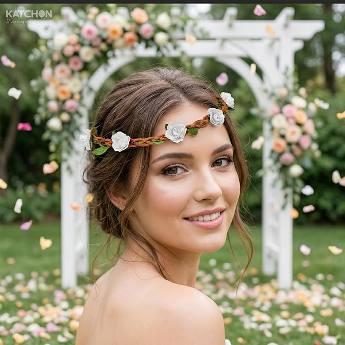 KatchOn, Multicolor Flower Headband- Pack of 6 | Rose Bohemian Flower Crown Headbands for Women and Girls | Bohemian Fairy Ribbon Hair Band for Wedding, Vacation, Fairy Party Photography Props