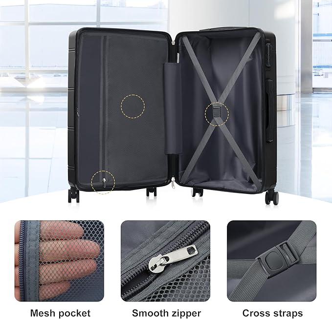 6 Pcs ABS Hardshell Luggage Set Spinner Wheel Suitcase Suitcase All Black