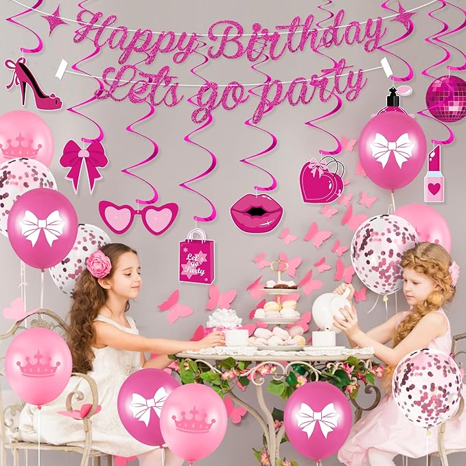 Pink Birthday Party Decorations - Happy Birthday Banner, Let's Go Party Banner, Latex Balloons, Hanging Swirls for Girls, Women, Princess, Baby Shower, Bachelorette