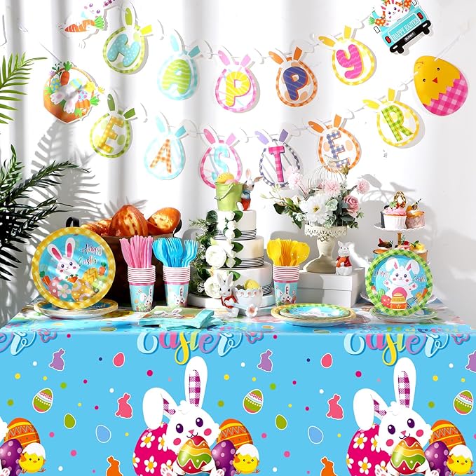 171 Pcs Happy Easter Party Supplies Disposable Easter Tableware Set with Bunny Colorful Eggs Plates Napkins Cups Banner Plastic Tablecloths for Easter Spring Holiday Party Decoration Serve 24