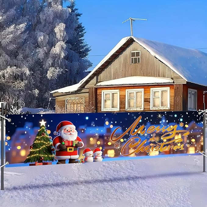 Merry Christmas Banner Santa Claus Christmas Decorations for Home 79x18 Inch Large Outdoor Xmas Backdrop with Snowman Tree Lights for Holiday Party Wall Yard Fence Indoor Decor