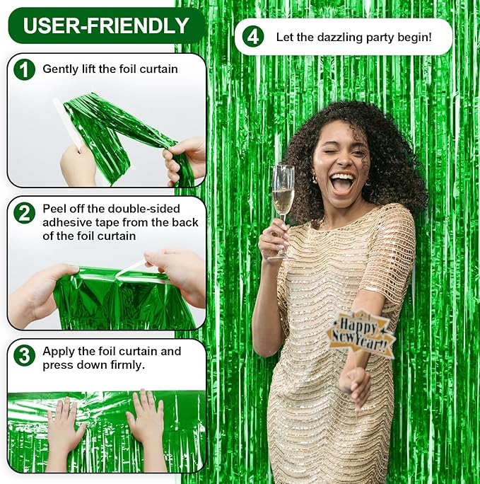 Homiest 3 Pack Green Tinsel Backdrop, 3.3x6.6 FT Metallic Tinsel Foil Fringe Curtains Party Decorations, Birthday Door Streamers for Baby Shower Wedding, Photo Booth Props Background Wall Decor