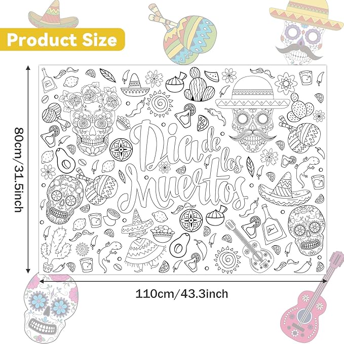 ZOIIWA Day of The Dead Giant Coloring Poster Dia De Los Muertos Large Coloring Posters Sheets Sugar Skulls Tablecloth Mexican Fiesta Party Banner for Home Wall Decor Drawing DIY Painting Crafts