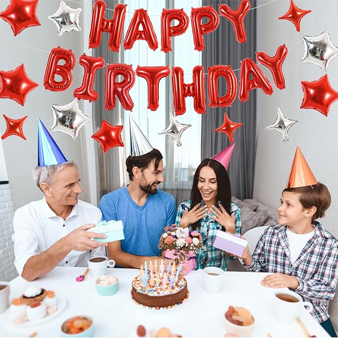 TONIFUL 35PCS Red Happy Birthday Decorations Kit 16 Inch Happy Birthday Balloon Banner with Star Balloons Mylar Foil Birthday Party Decorations Supplies for Men Women Adults Girls Boys Kids