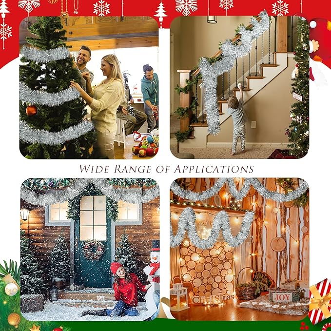 100Ft Christmas Garland - Xmas Tree Decorations, Christmas Tinsel Decorations for Indoor&Outdoor Home Decor, Christmas Metallic Twist Garland Ceiling Hanging Decorations for New Year(Silvery)