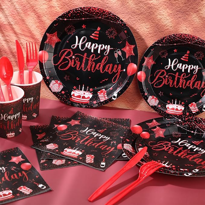 Vesici 171 Pcs Happy Birthday Party Supplies 24 Set Disposable Party Tableware include Plates Cups Napkins Cutlery and Banner Tablecloth Birthday Dinner Decorations for Men Woman(Black, Red)