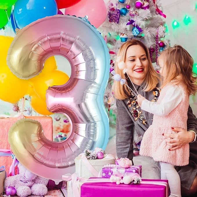 Rainbow Gradient Number 3 Balloon, 40 Inch Big Large Foil Number Balloons, Jumbo Mylar Number 3 Balloons for 3 Third Birthday Party Decorations Supplies Anniversary Celebration