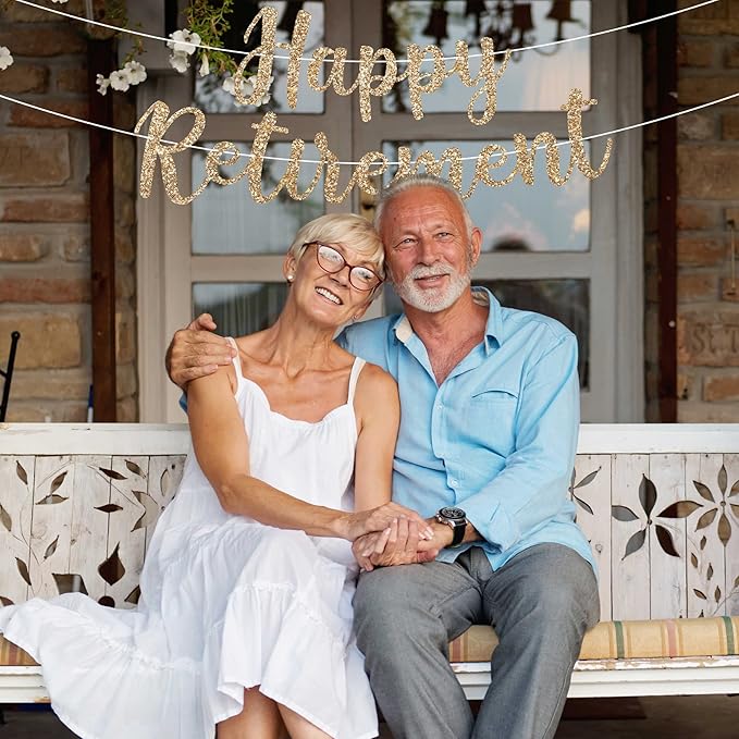 Pre-strung Happy Retirement Banner - No Diy - Gold Glitter Happy Retirement Banner in Script - Pre-strung on 6 ft Strand - Farewell Party Decorations for Men & Women. Did We Mention No Diy