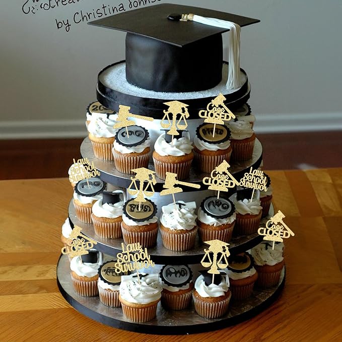 Gyufise 24Pcs Lawyer 2026 Graduation Cupcake Toppers Gold Glitter Class of 2026 Grad Cap Law School Survivor Cupcake Picks for 2026 Lawyer Graduation Party Cake Decorations Supplies