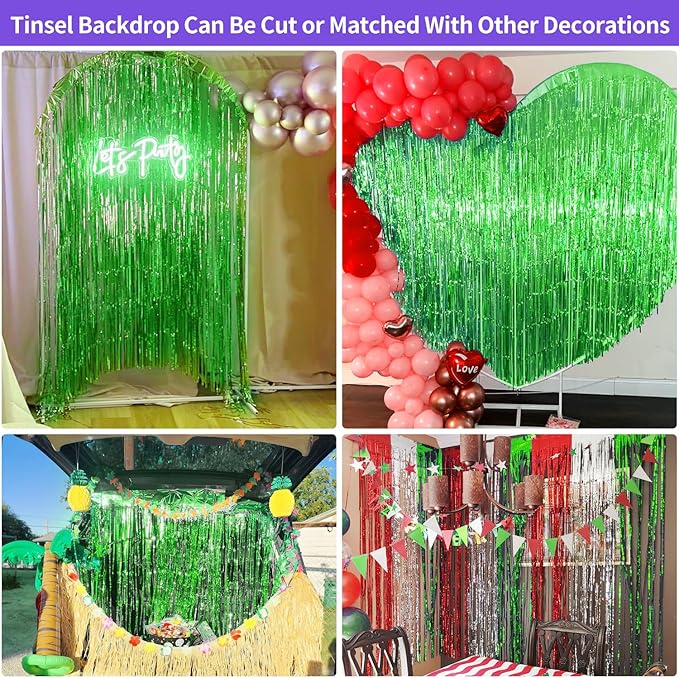 St Patricks Day Decorations Green Tinsel Backdrop 3.3x8.2ft, 2 Pack Foil Fringe Curtain Football Party Door Streamers, Green Fringe Backdrop for Superbowl Easter Christmas Jungle Birthday Irish Decor
